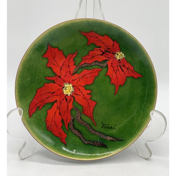 Bavano 6” Poinsettia Enamel On Copper Plate Christmas Signed EUC - Picture 1 of 5